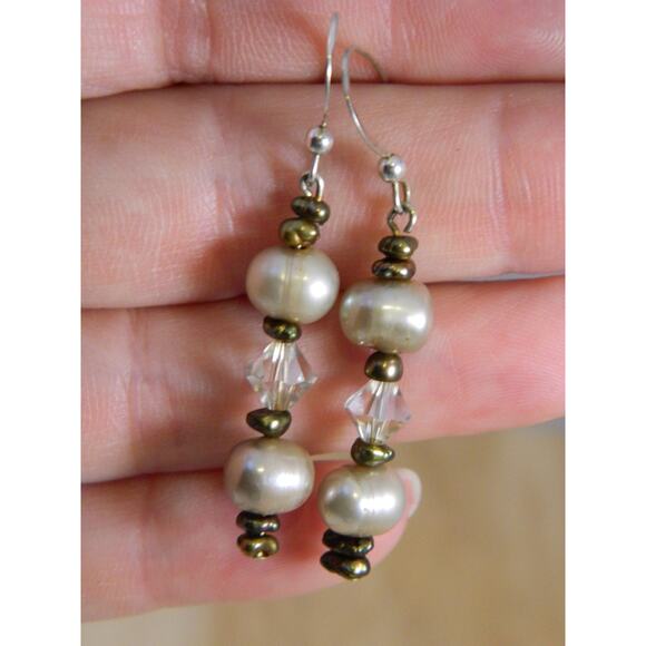 Vintage Drop Earrings Pearls Rhinestones Silver - Picture 6 of 7